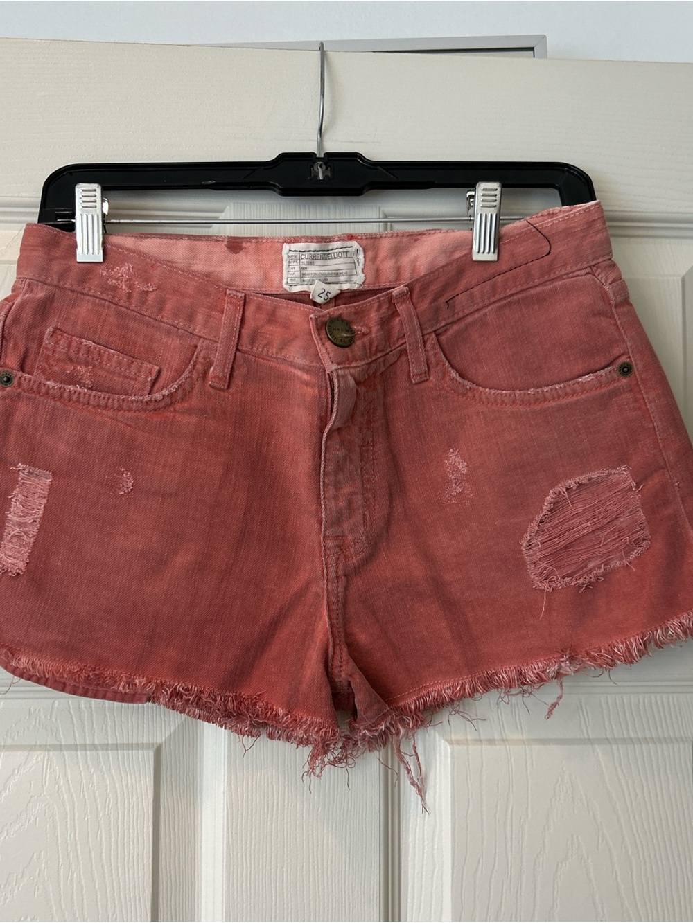 Current/Elliott Faded Coral Distressed Denim Shorts